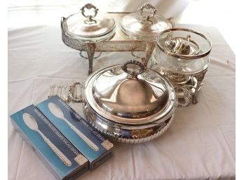 Lot Of Assorted Silverplate Buffet Style Serving Trays, Fondue Set With Snake Forks And Spoons