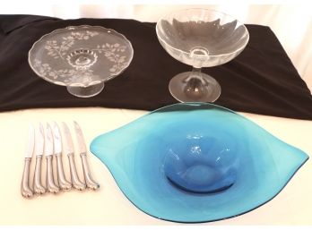 Beautiful Blue Glass Dish And Stainless Steel Steak Knife Set By Godinger
