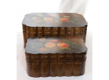 Set Of Large Decorative Hand Painted Stacking Wood Boxes With Floral Design