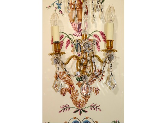 Pair Of Elegant Brass Wall Sconces With Hanging Crystals & Floral Accents