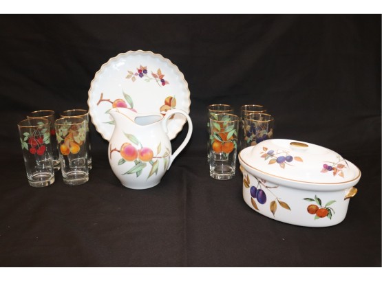 Royal Worcester Evesham Includes A Pitcher, Pie Dish, Casserole Dish Includes 8 Hand Painted Glasses With F