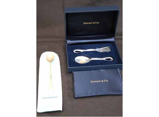 Tiffany Sterling Spoon & Tiffany Sterling Baby Fork & Spoon Set With Case Dust Pouch