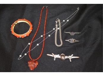 Collection Of Fashionable Jewelry Includes Sterling Propeller Pin, Sterling Pins With Colored Tones & Cuff