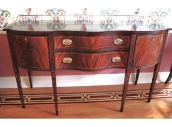 Henkel Harris Buffet/Server Console With Brass Railing & Handles, Inlay Detailing Throughout, Excellent Co