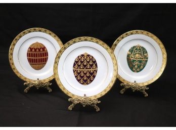 Muirfield Celebrity Faberge Egg Style Dessert Plates With Gold Detailing & 3 Very Ornate Brass Plate Stan