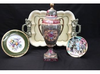 Large Painted Urn With Handles By Oriental Accent Includes Royal Doulton Plate 2001 & Floral Plate By Weath