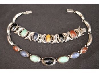Large Sterling Necklace With Polished Stones Includes Matching Bracelet