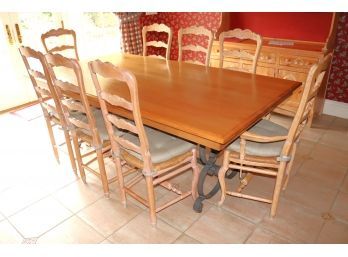 Country Style Dining Table On A Heavy Metal Base, Includes 8 Chairs In A White With Woven Rush Seating