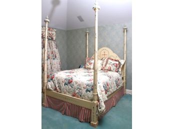 Custom Queen Size Four Post Bed With Stenciled Detail, Includes Custom Bedding