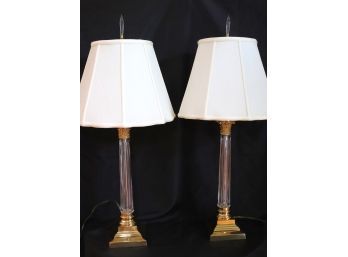 Pair Of Fabulous Brass/Glass Table Lamps With Shades From Chelsea House
