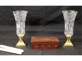 Heavy Brass Hurricane Style Candelabras Signed Jim O Leary 1999 & Handmade Trinket Box With Inlay Detailin