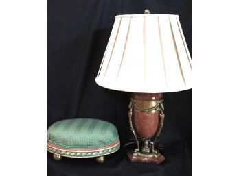 Heavy Marble Stone Lamp With Brass Accents & A Silk Pleated Shade, Includes A Small Poof Foot Stool