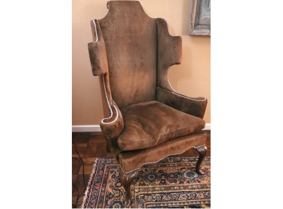 All Suede Wing Chair With Nail Head Accents, French Style Carved Wood Legs, Really A Fabulous Design