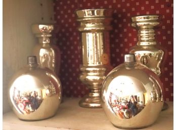 Collection Of Vintage Mercury Glass Includes, Small Cup, Candlesticks & 2 Small Vases Made In Czechoslovak