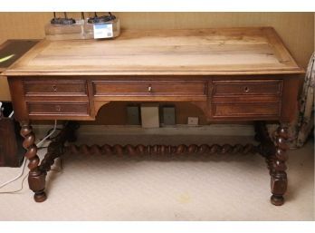 Antique Wood Desk Measures With Slide Out Extensions On Both Sides With Leather