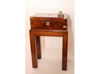 Vintage Wood Writers Box With Brass Accents & Wood Stand, Includes Vintage Inkwells