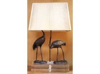 Unique Crane Bird In A Bronze Like Finish Table Lamp On A Lucite Base