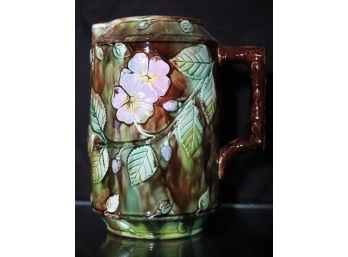 Large Antique Majolica Pitcher With Dogwood Blossoms