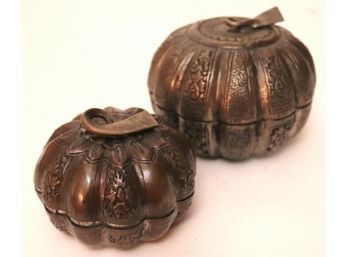2 Vintage Embossed Gourd Shape Canisters With Removable Lids