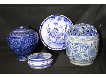 Vintage Blue & White Frog Vase, Blue & White Asian Urn And Delfts Holland Abro Trinket Box