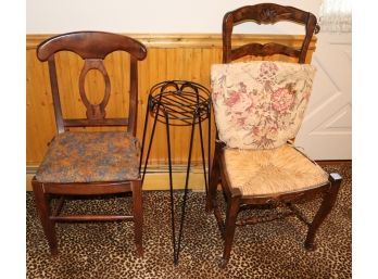 Vintage Wood Chairs With Woven Rush Seat Includes Metal Plant Stand
