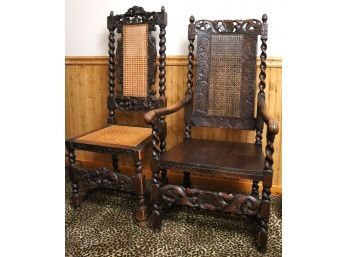 2 Antique Carved Wood Chairs With Cane Detailing