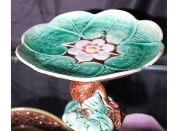 Majolica Pedestal Dish With Bird Accent