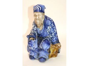 Vintage Blue & White Ceramic Asian Sculpture With A Stamp/Hallmark On The Bottom