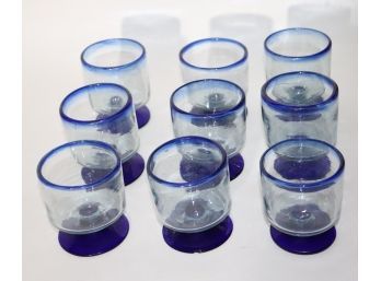 Collection Of 9 Hand Blown Rocks Glasses With A Blue Tint