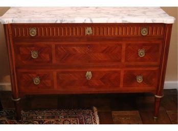 Stunning Wood Console With Gorgeous Inlay Detailing Throughout, Marble Top With A Beveled Edge & Brass Har
