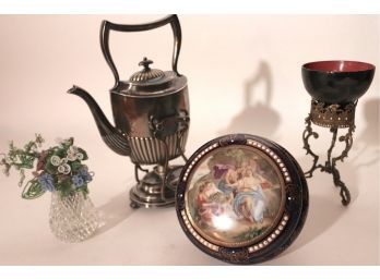 Ornate Kettle With Warmer, Hand Painted Italian Trinket Dish With Courting Lovers, Crystal Vase Ornate Bra
