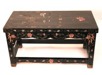 Vintage Highly Detailed Asian Style Inlaid Cocktail Table With An Engraved Design In The Wood