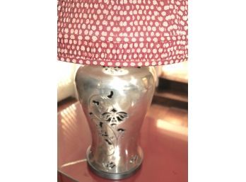 Vintage Polished Metal Asian Style Lamp With A Pierced Design &  A Pleated Shade