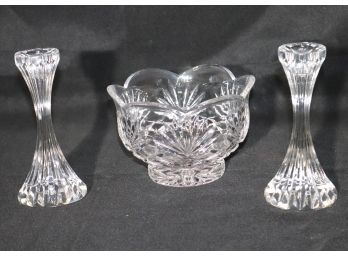 Pair Of Baccarat Candlesticks Includes A Pretty Bowl With Etched Design