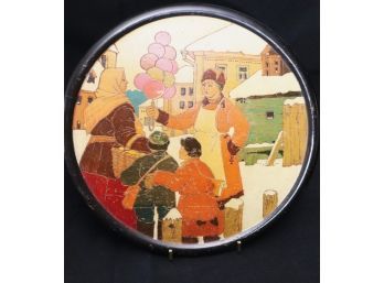 Vintage Painted Market Scene On A Round Wood Board