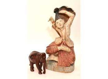 Hand Painted & Hand Carved Solid Wood Asian Sculpture & Carved Wood Elephant