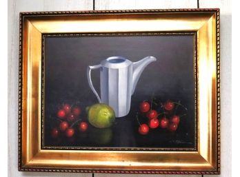 Painted Still Life Of A Pitcher & Cherries By S. Oltaviani