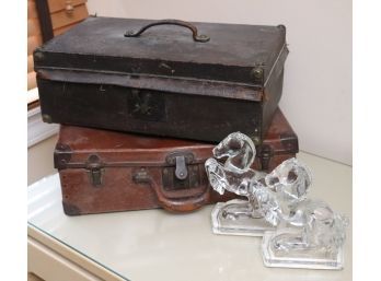 2 Vintage Trunks And Glass  Horses, The Trunks Measure Approximately 18 W X 12 D X 5 Tall.
