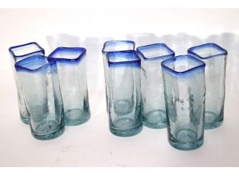 Collection Of 9 Hand Blown Glasses With A Blue Tint