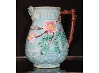 Antique Majolica Pitcher With Pink Floral Motif
