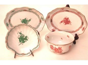 Collection Of Vintage Hand Painted Herend Hungary Includes A Bowl, Tray & Green Fan Shape Dish