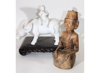 Porcelain Bull On Stand & Carved Wood Sculpture