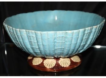 Large Majolica Blue Bowl With Seashell Painted Pedestal Foot