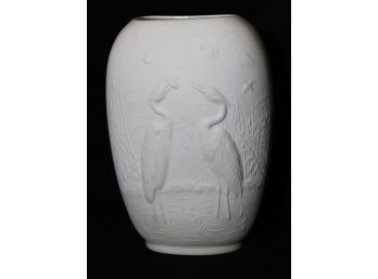 Royal Porcelain Bavaria KPM Germs Embossed Asian Style Vase With Crane Bird Accents, Includes Water Glass