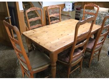 Farm Style Dining Table Includes 6 Chairs With Woven Rush Seating