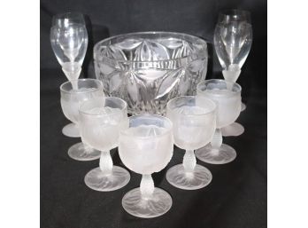 Large Frosted Bowl Includes 6 Tall Frosted Wine Glasses & 5 Frosted With Etched Design