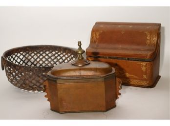 Antique Writing Box With Leather & Gold Leaf & Vintage Bloomingdales Copper Trinket Box