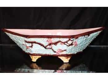 Antique Majolica Basket With Cherry Blossom Motif