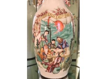 Large Antique Hand Painted Asian Character Vase With Asian Characters & Floral Detailing