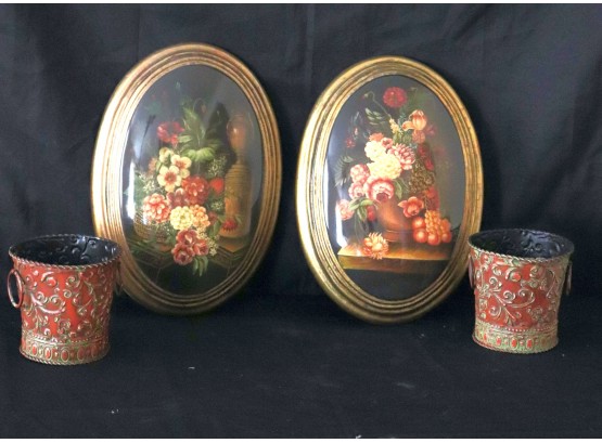 Vintage Lacquered Floral Still Life Wall Plaques Includes 2 Decorative Embossed Canisters